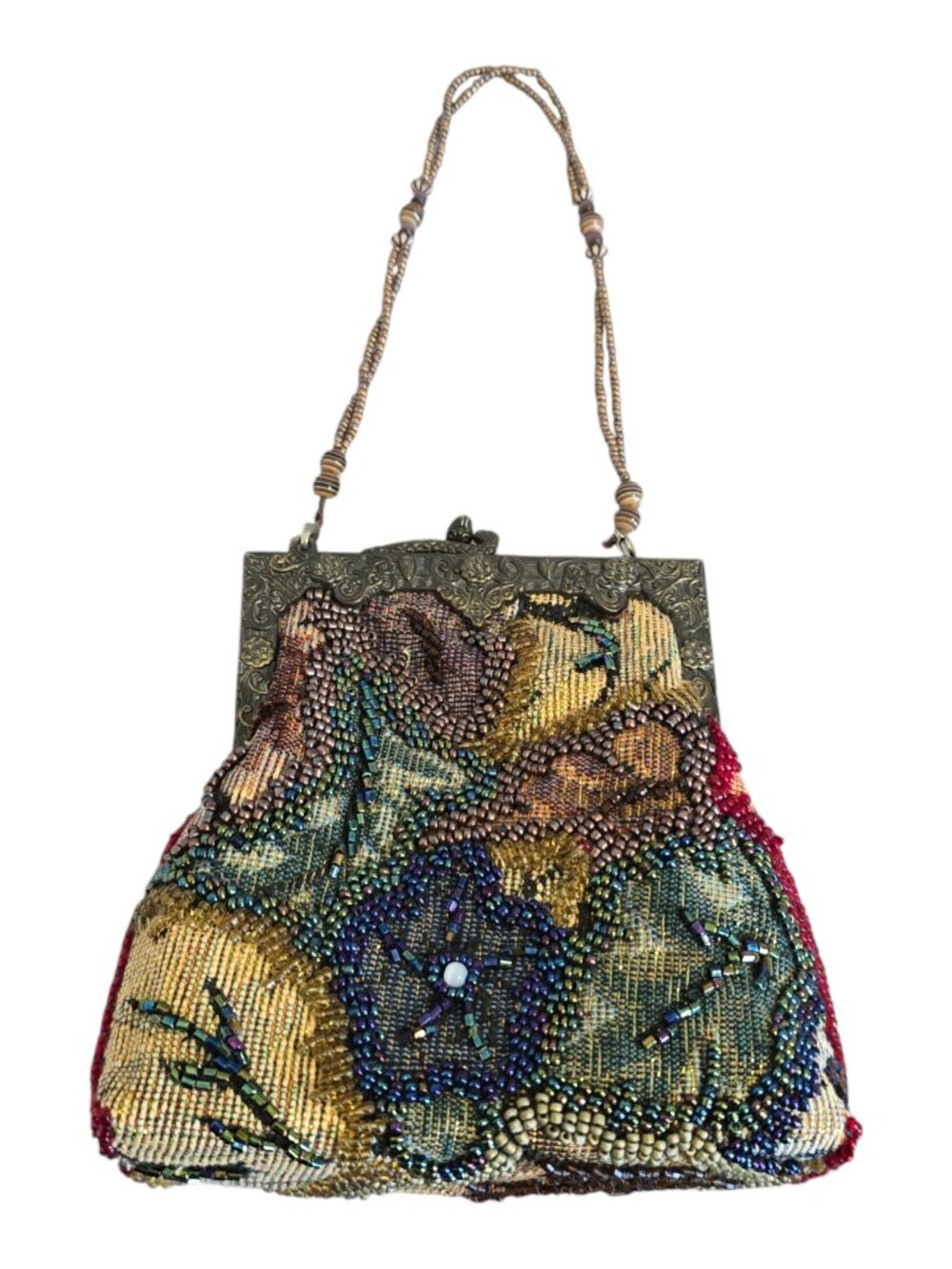 Vintage Jessica McClintock Floral Beaded Tapestry Handbag Purse Snake Kiss Clasp